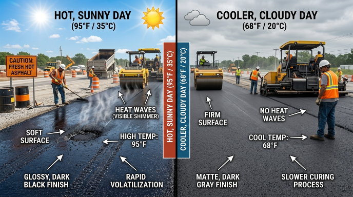 Diagram showing difference between asphalt cooling and curing process with heat loss and bonding layers