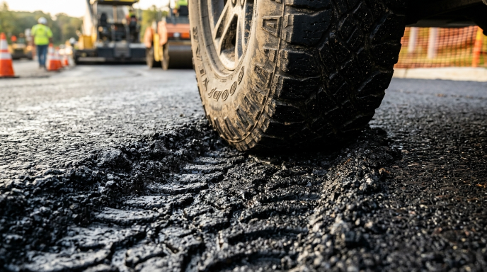 Car tire leaving deep marks on soft fresh asphalt surface causing visible road dam