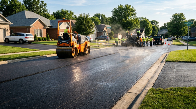Fresh asphalt road surface in Colorado showing new paving with warning cones and curing asphalt texture