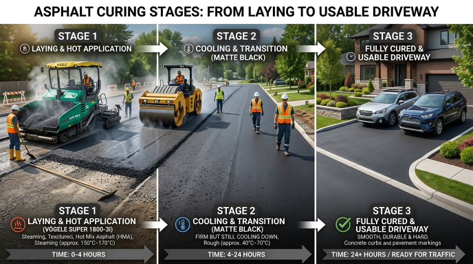 Asphalt curing process showing stages from fresh hot asphalt to fully cured driveway over time