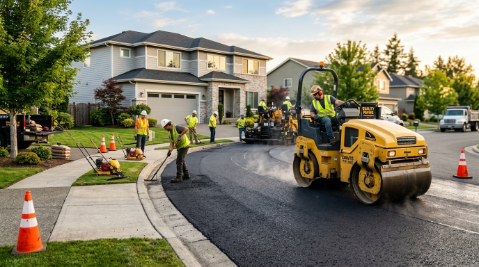 Professional asphalt paving crew installing fresh asphalt driveway in Englewood, Colorado residential area