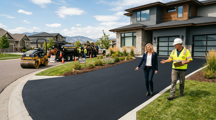 Homeowner inspecting asphalt driveway during maintenance and sealcoating process in Englewood Colorado