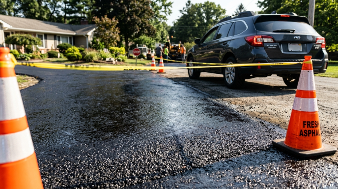 Fresh asphalt driveway with caution cones and vehicle stopping before entering newly paved surface