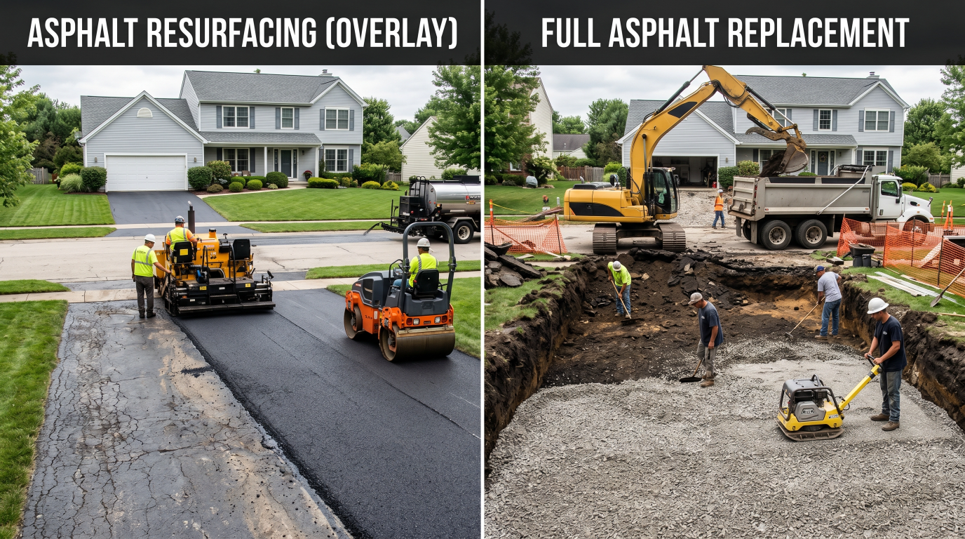 Comparison of asphalt driveway resurfacing and full replacement methods.