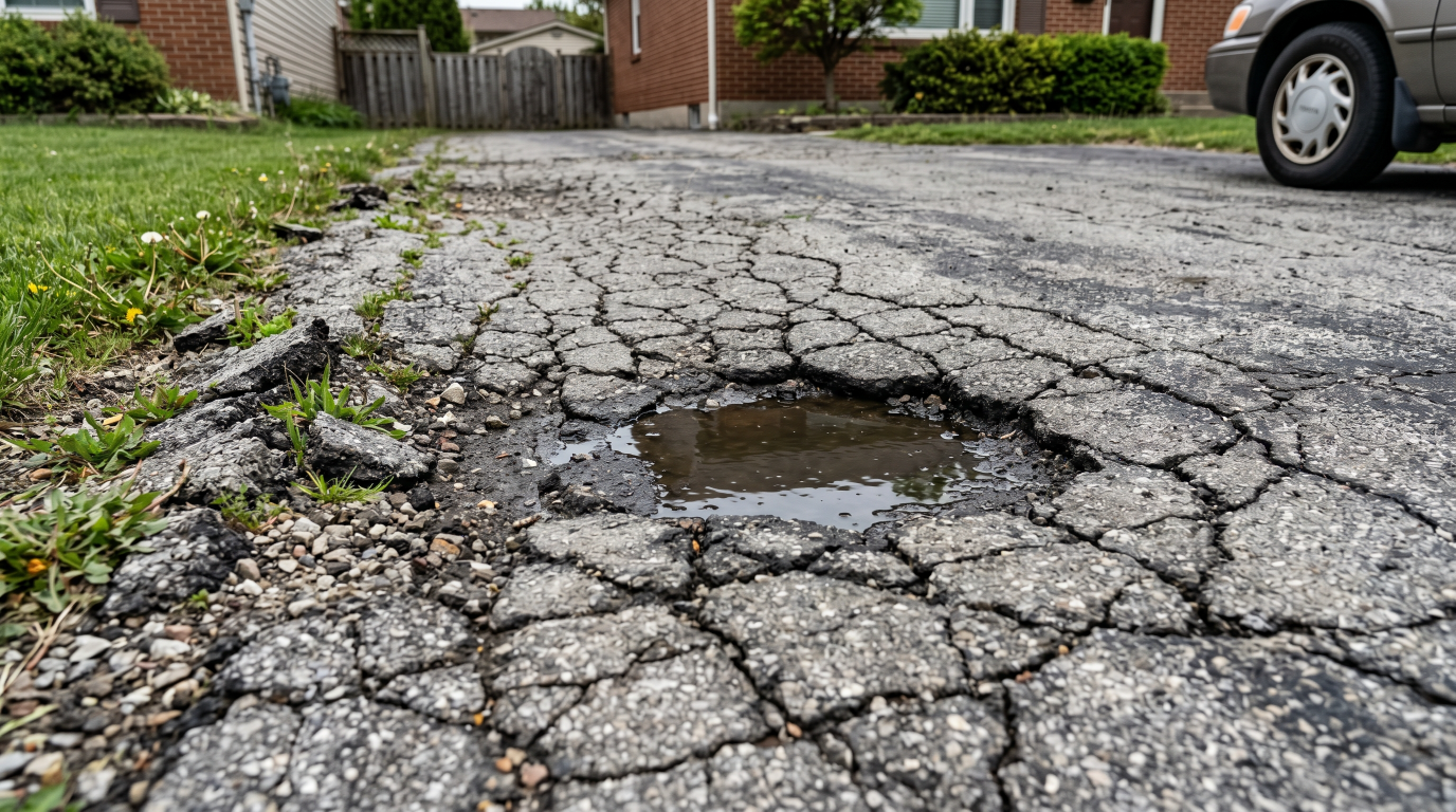 Common asphalt driveway problems including cracking, potholes, and water damage.