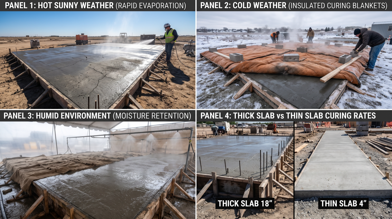 Weather, moisture, and slab thickness affecting concrete curing time.
