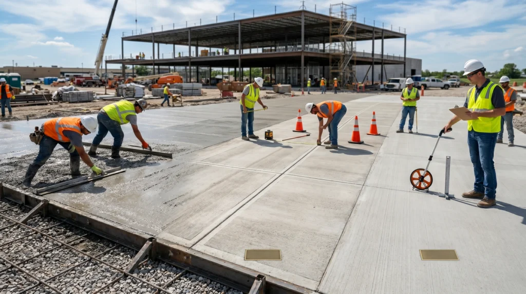 Concrete curing timeline showing fresh concrete, partial strength at 7 days, and full cure after 28 days.