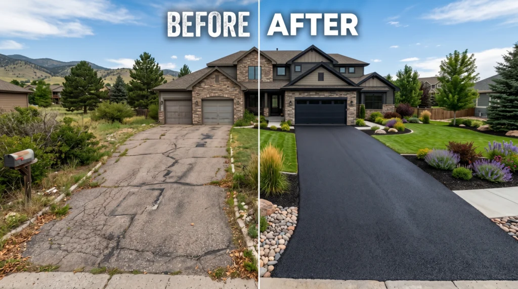 New and aging asphalt driveway comparison showing how driveway lifespan changes over time.