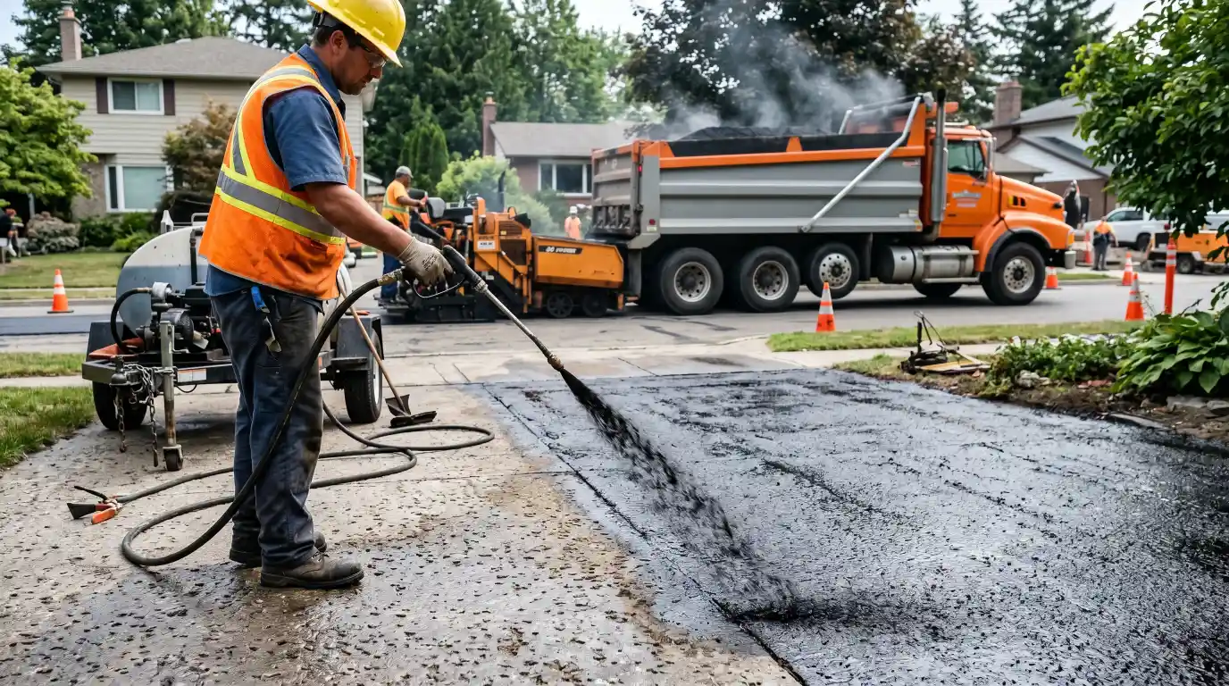 Real contractor applying tack coat before asphalt overlay on concrete