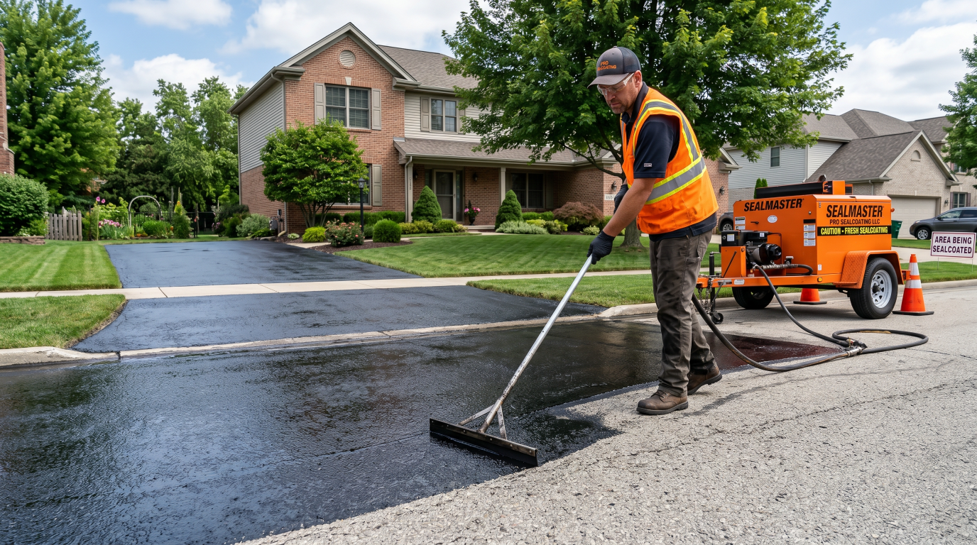 Contractor sealcoating an asphalt driveway to extend its lifespan and prevent damage.