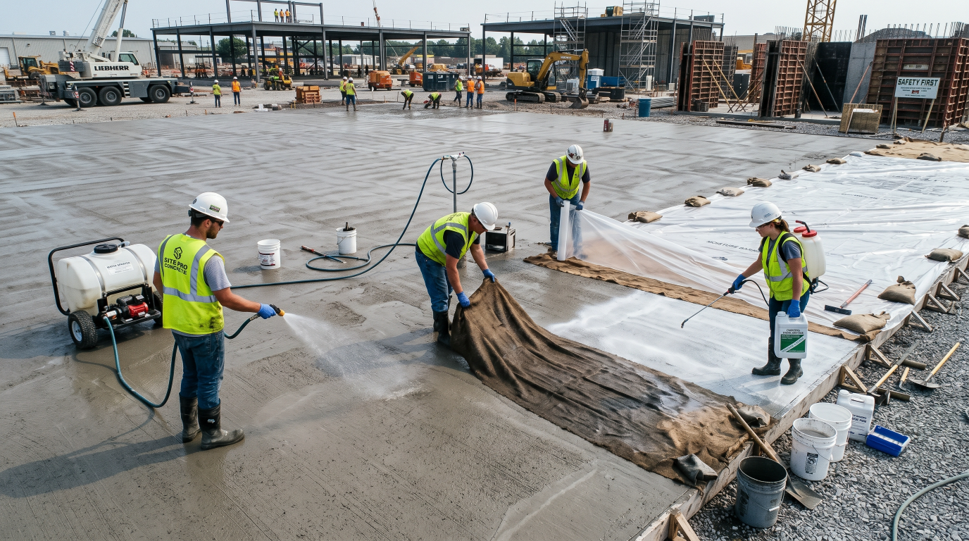 Workers using proper concrete curing methods to improve strength and durability.