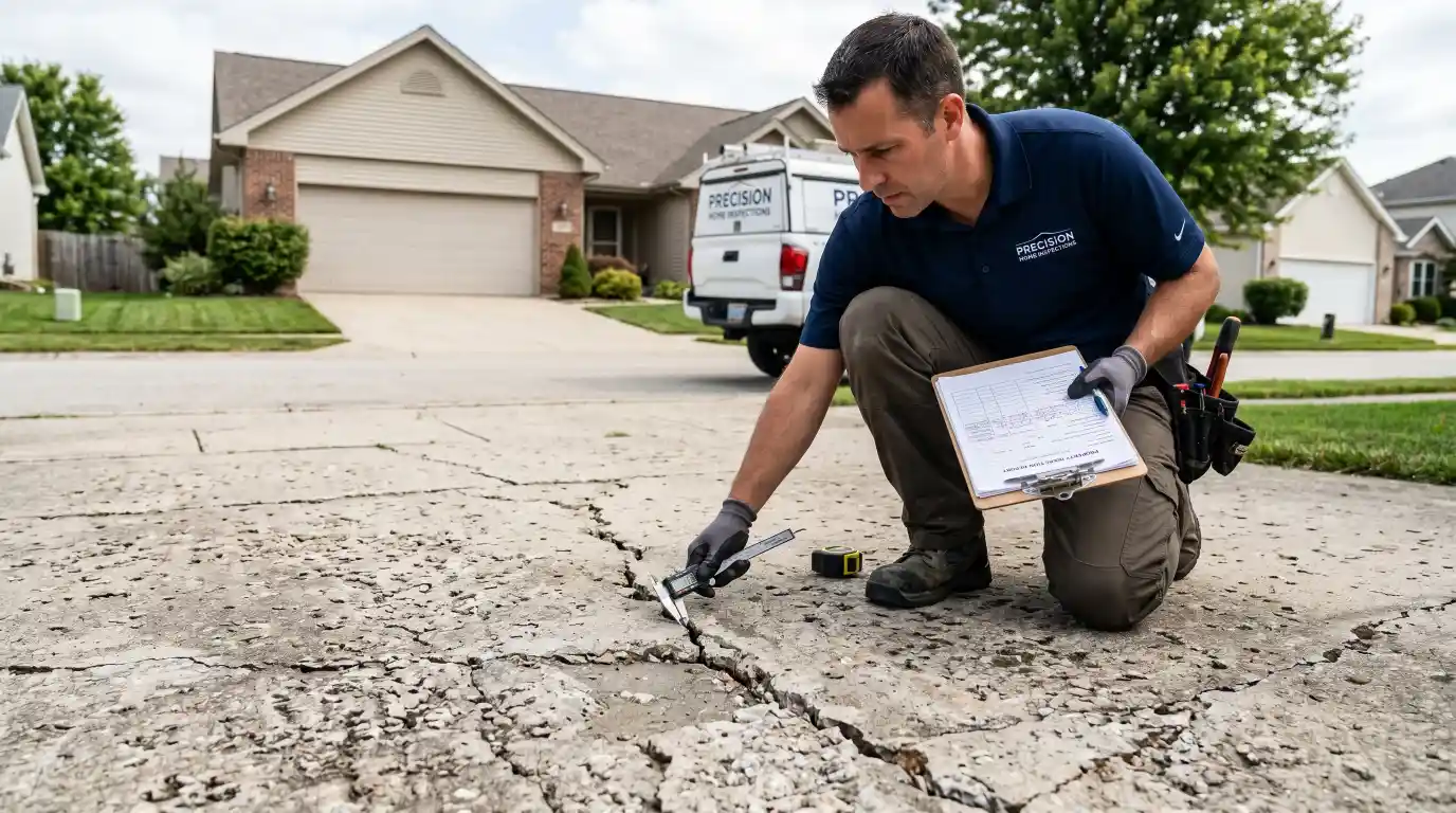 Contractor inspecting cracked concrete driveway before resurfacing