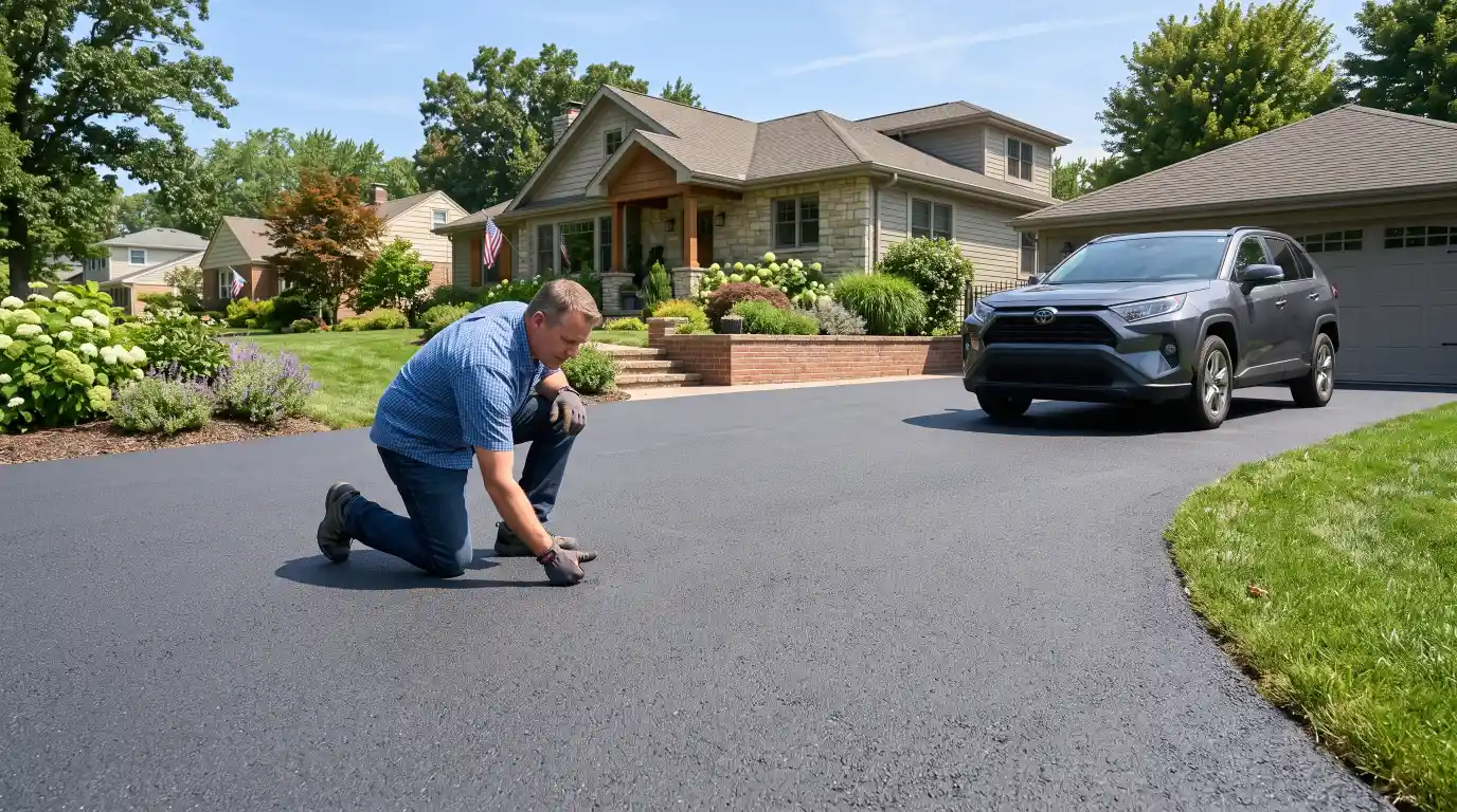 Homeowner checking whether newly paved asphalt is firm enough for vehicle traffic.