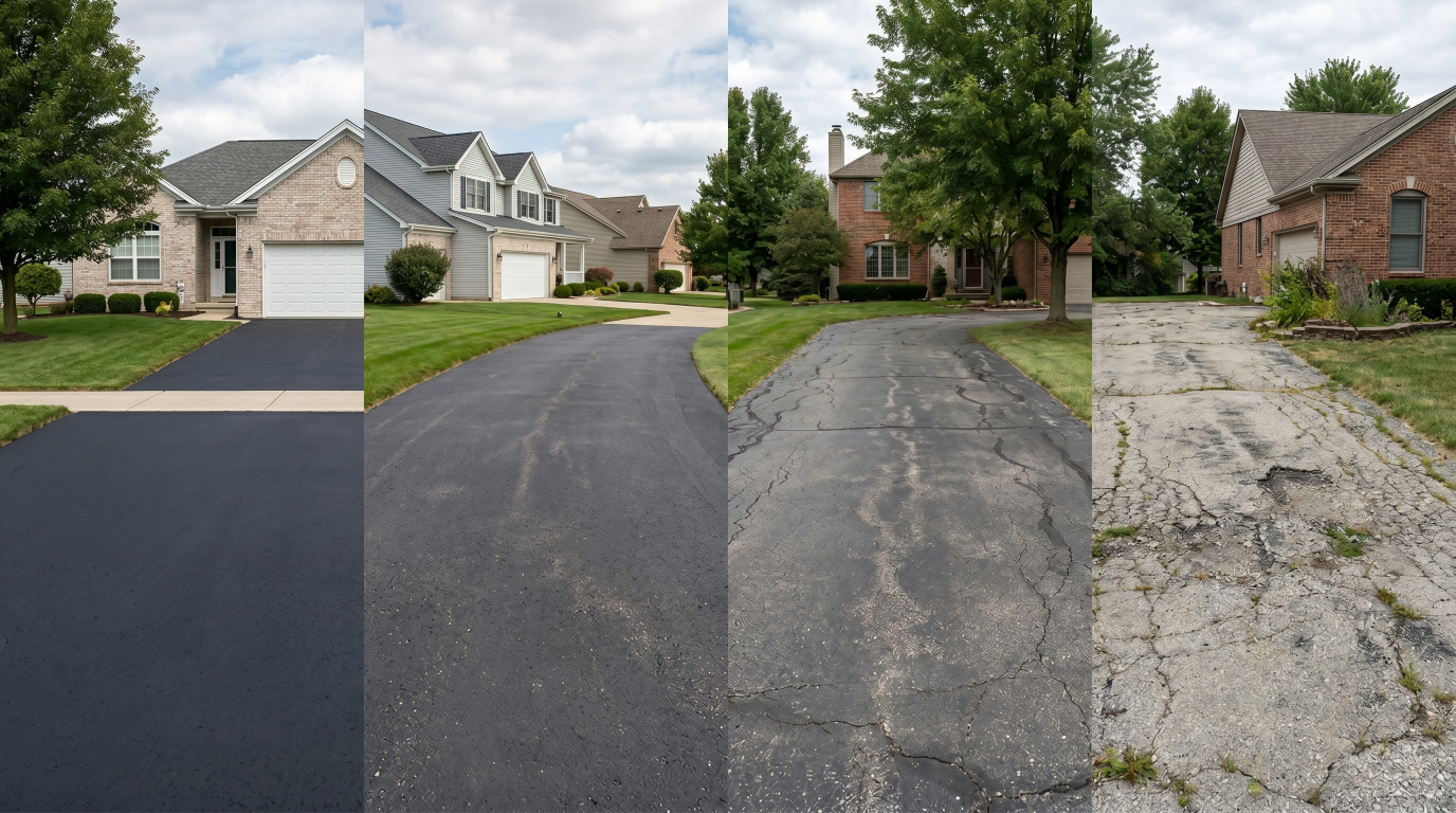 Different stages of an asphalt driveway lifecycle from new installation to aging pavement.