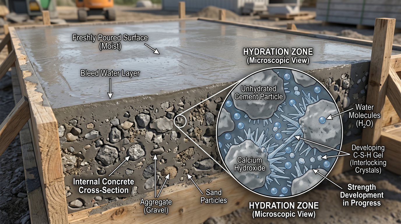 Hydration process inside concrete showing water and cement reacting during curing.