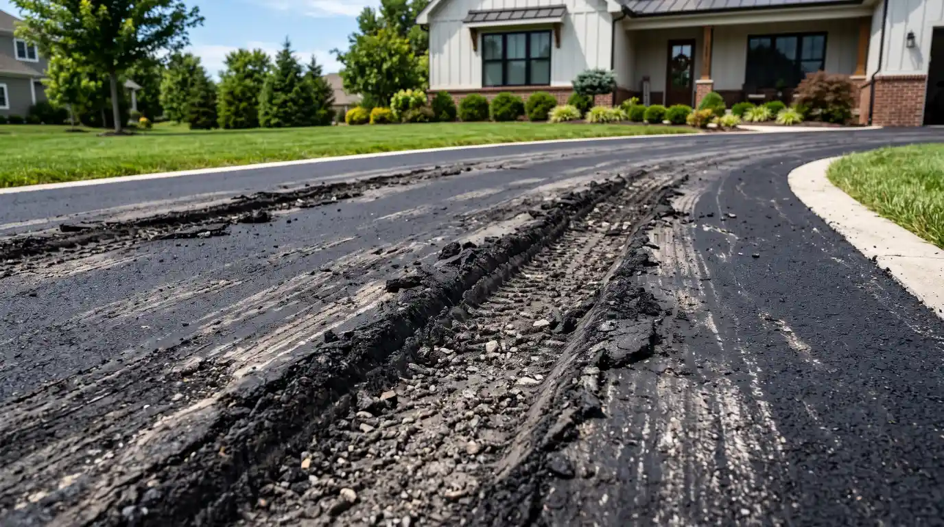 Fresh asphalt damaged by tire marks after vehicles drove on it before it fully hardened.