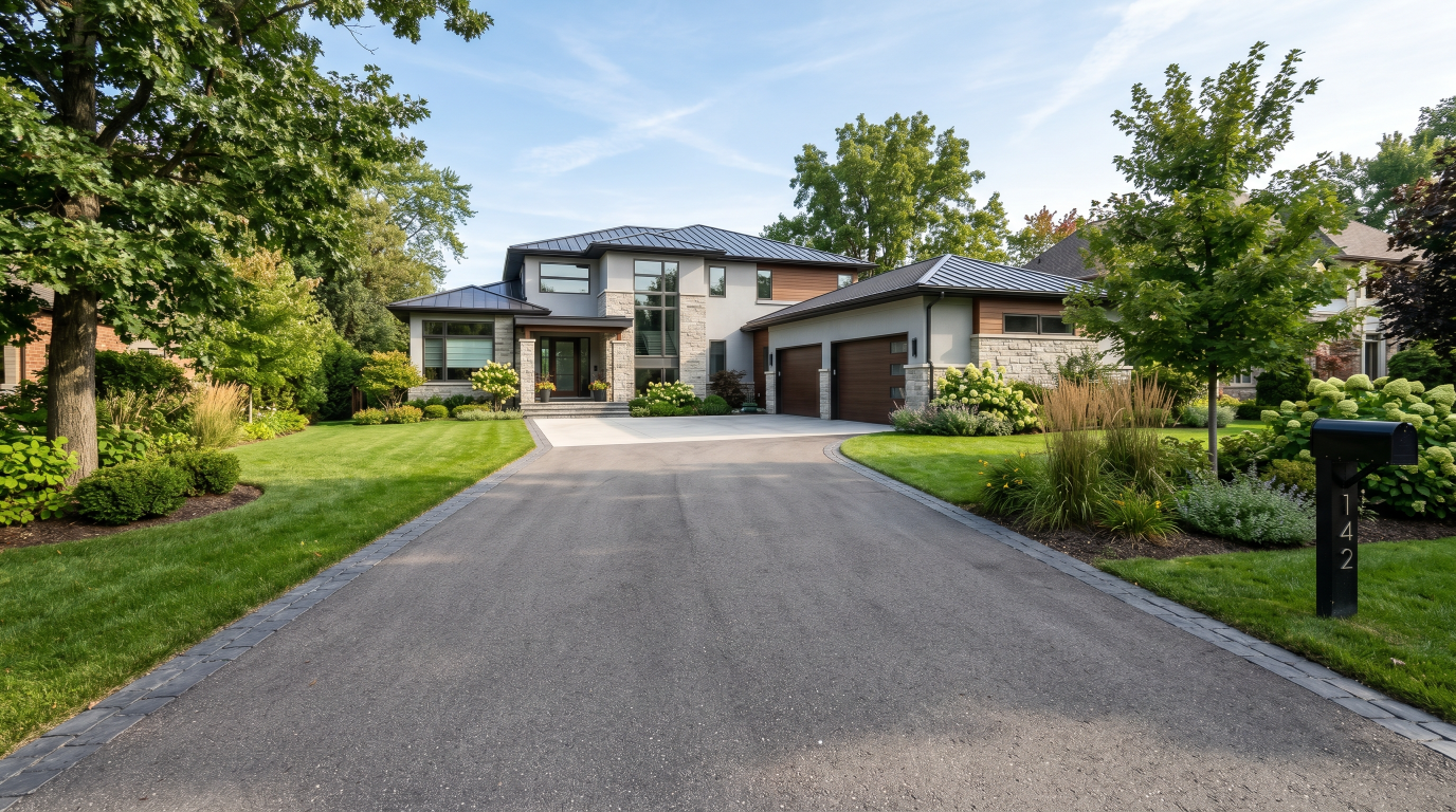 Well-maintained residential asphalt driveway demonstrating the typical lifespan and durability of asphalt pavement.