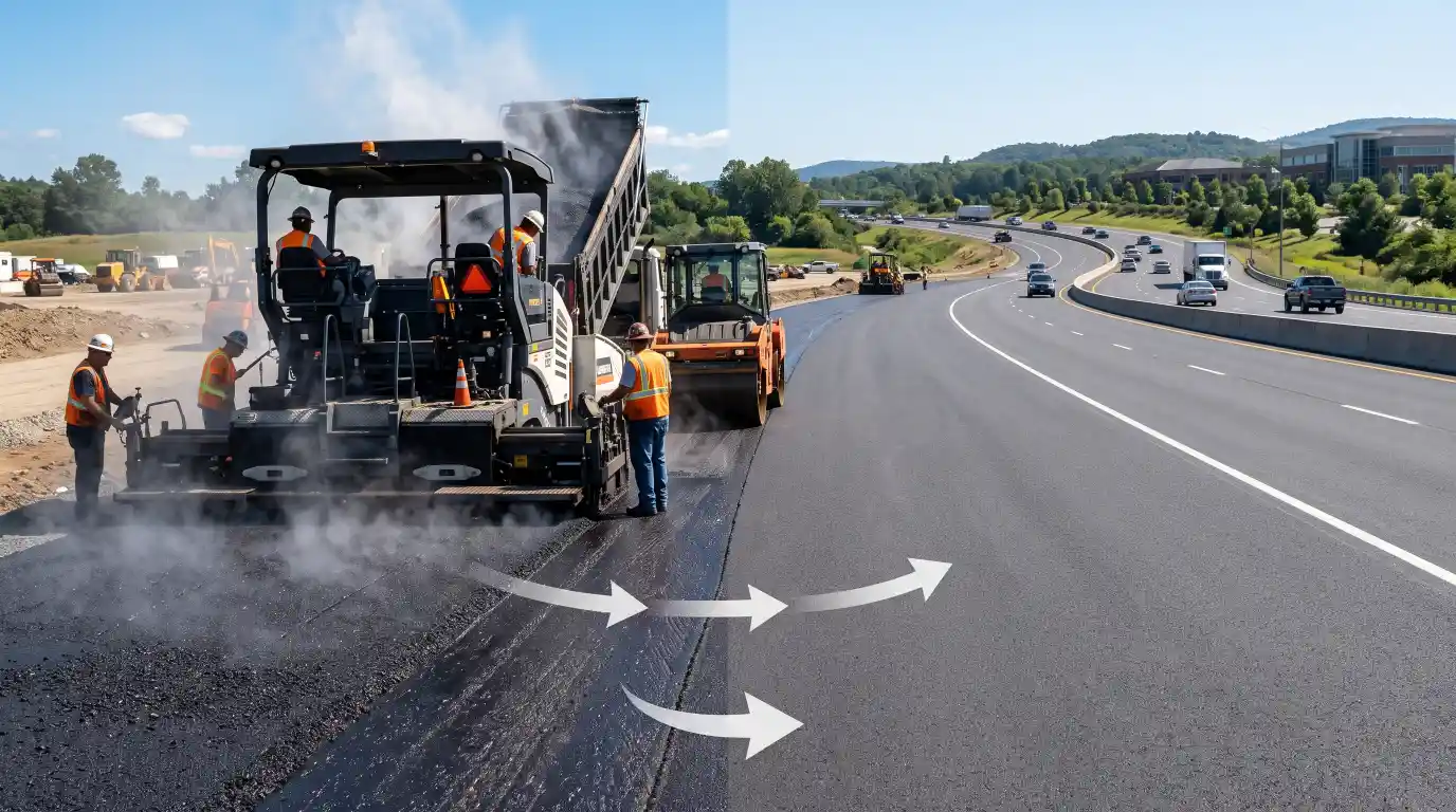 Comparison of freshly laid asphalt during drying and fully cured asphalt ready for regular traffic.