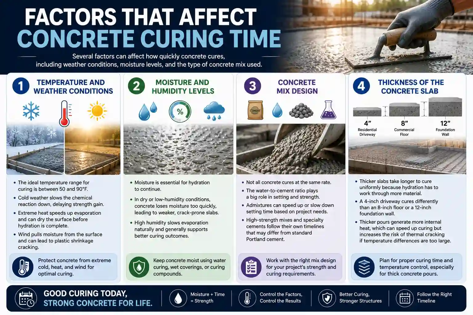 Infographic explaining the main factors that affect concrete curing time, including temperature, moisture, concrete mix design, and slab thickness, with construction visuals and curing icons.