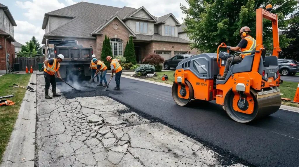 Realistic asphalt overlay being installed over concrete driveway