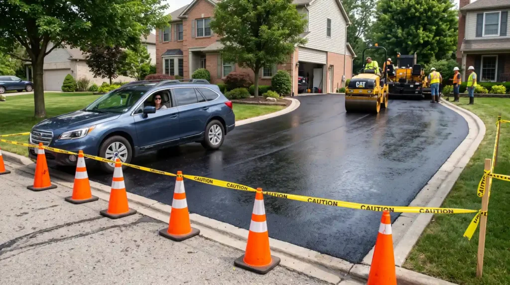 Fresh asphalt driveway blocked with safety cones while waiting for the surface to cure before driving.