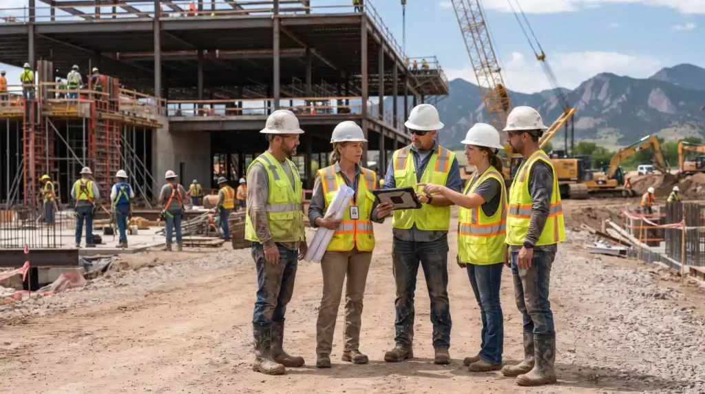 Construction manager coordinating a commercial building project on an active job site.
