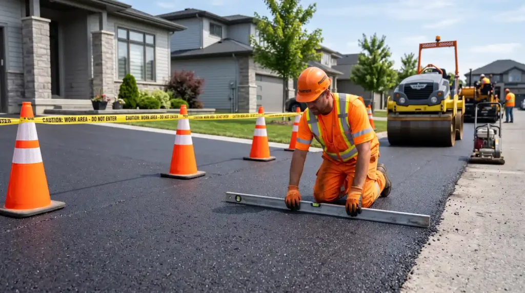 Fresh asphalt driveway protected with safety cones after paving.