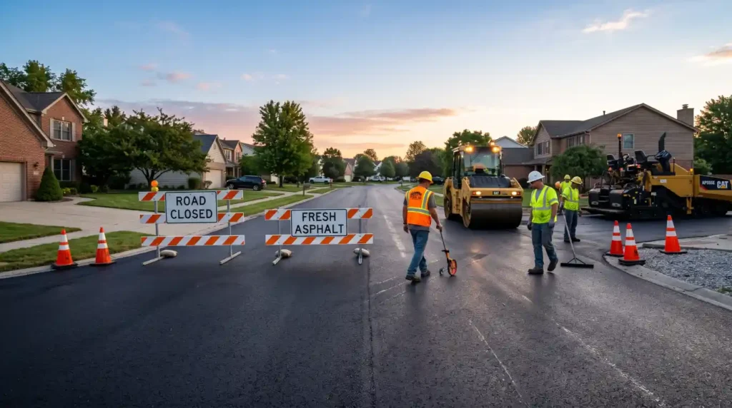 Freshly paved asphalt road closed to traffic while curing.