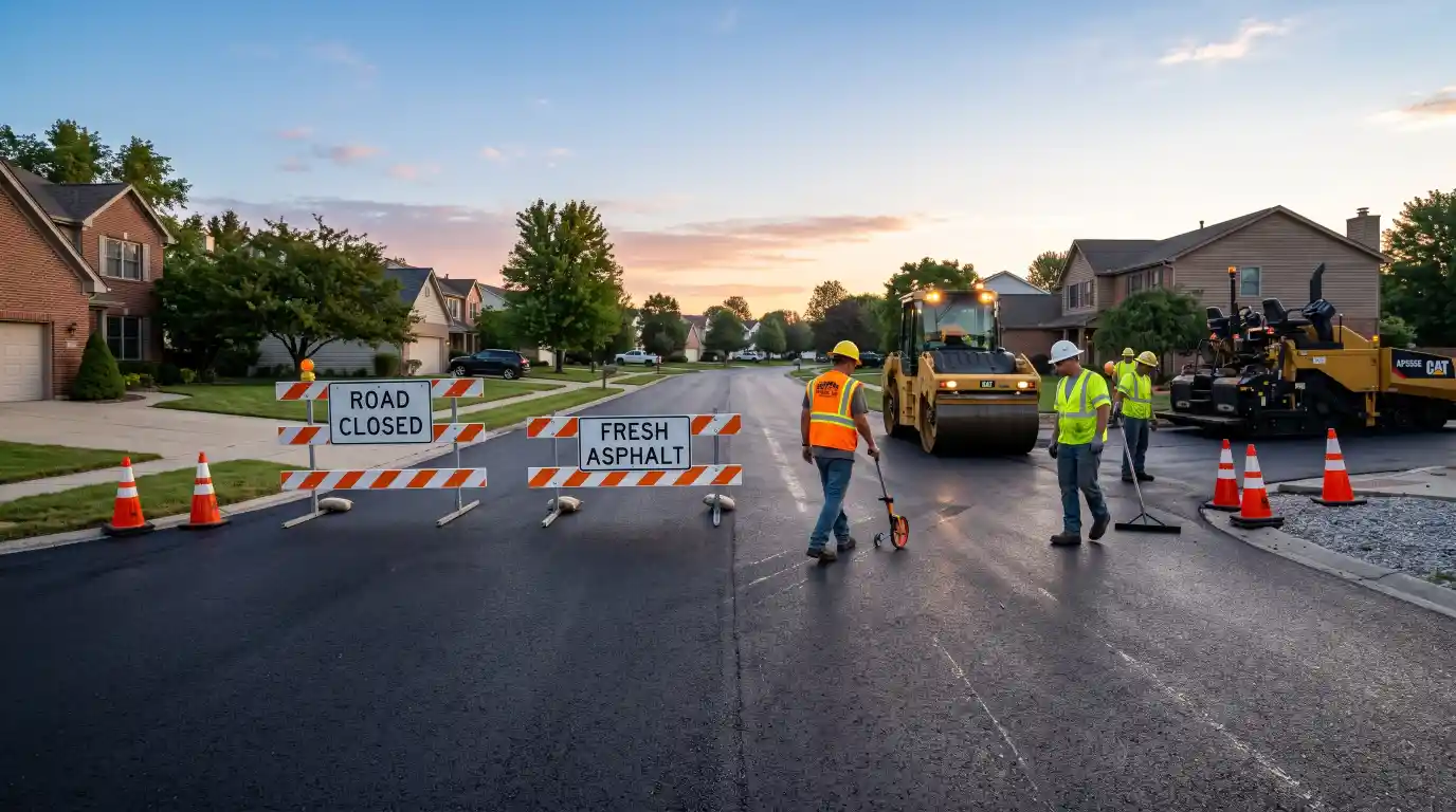 Freshly paved asphalt road closed to traffic while curing.