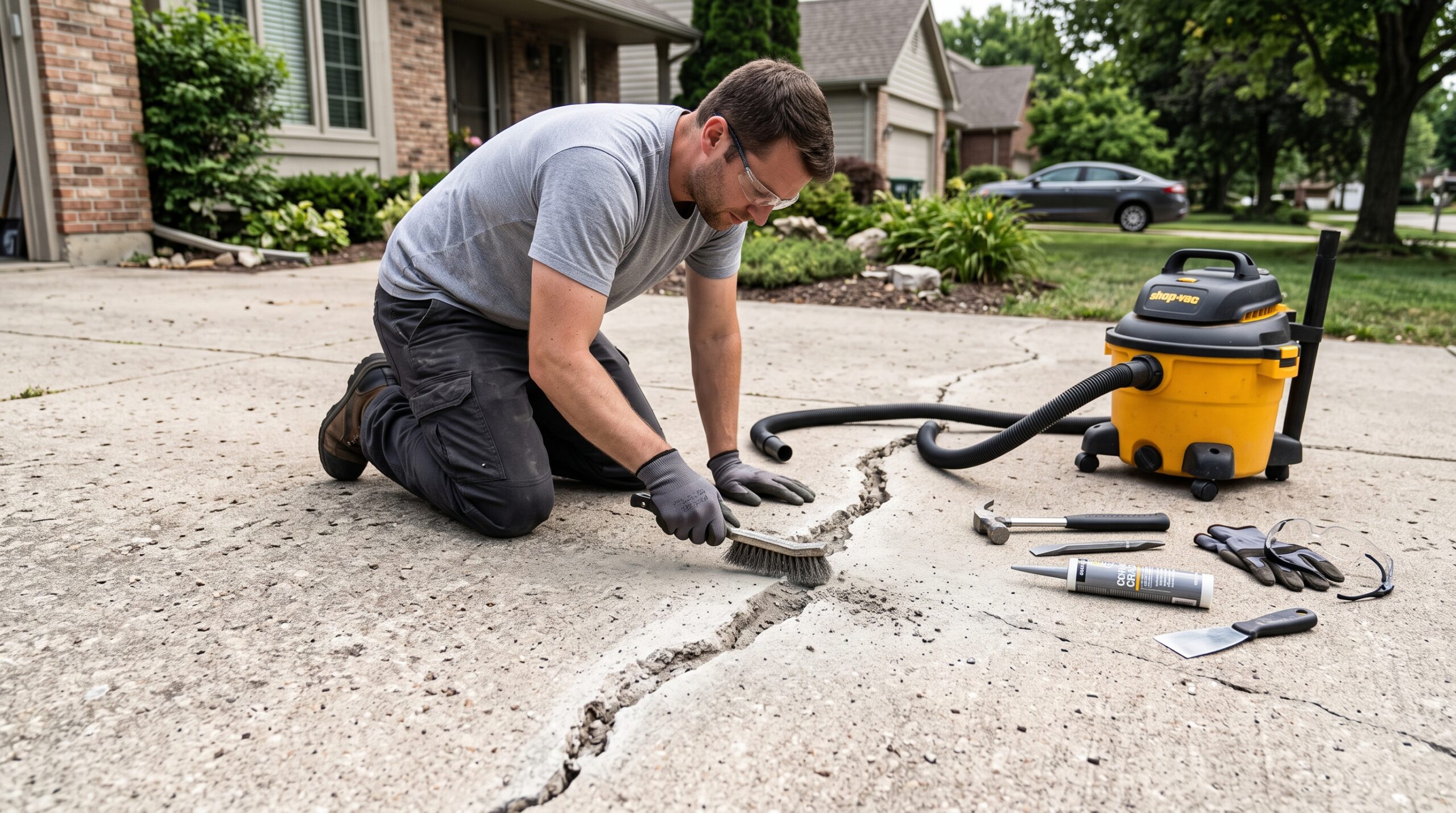 Step-by-step repair of a concrete crack.