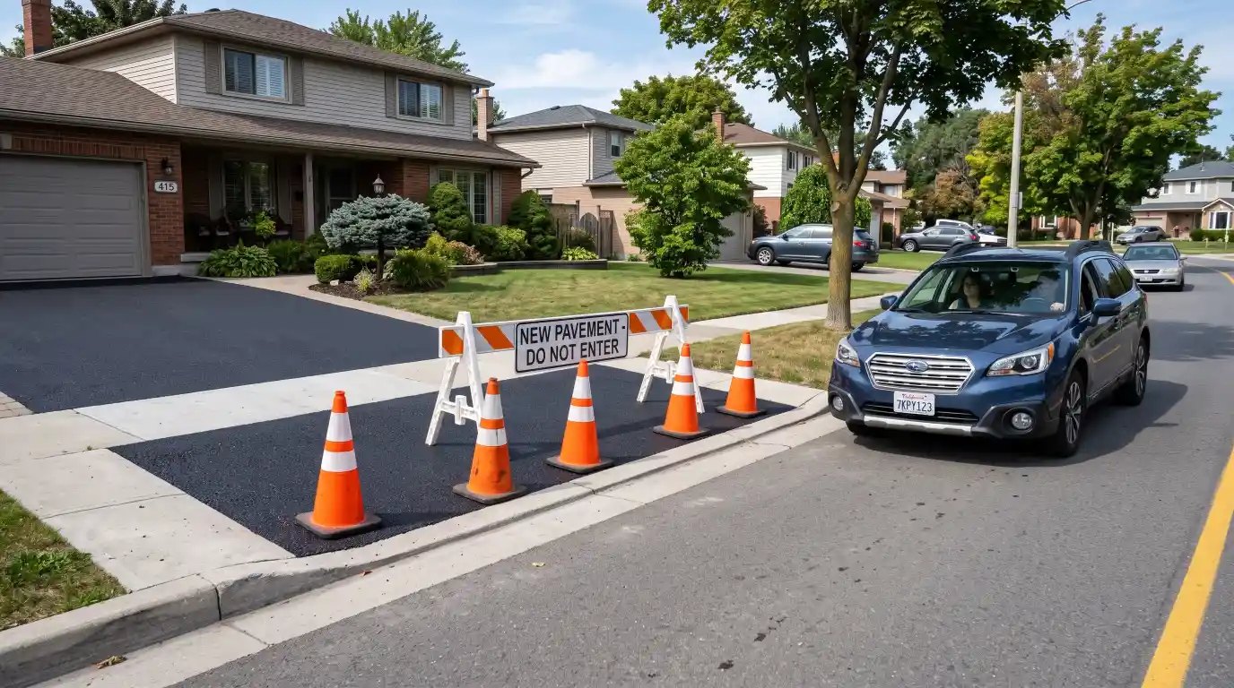 New asphalt driveway waiting before vehicles can drive on it.