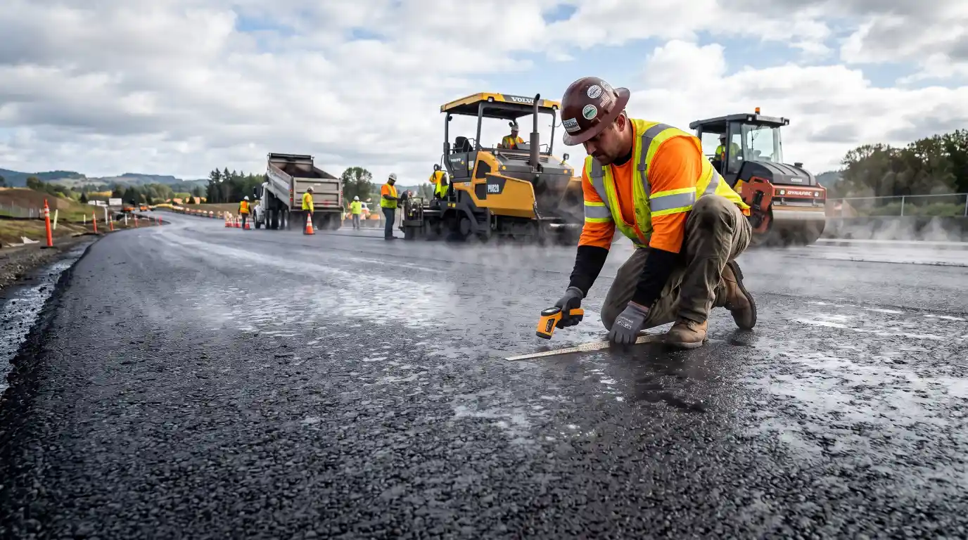 Fresh asphalt curing under changing weather conditions.