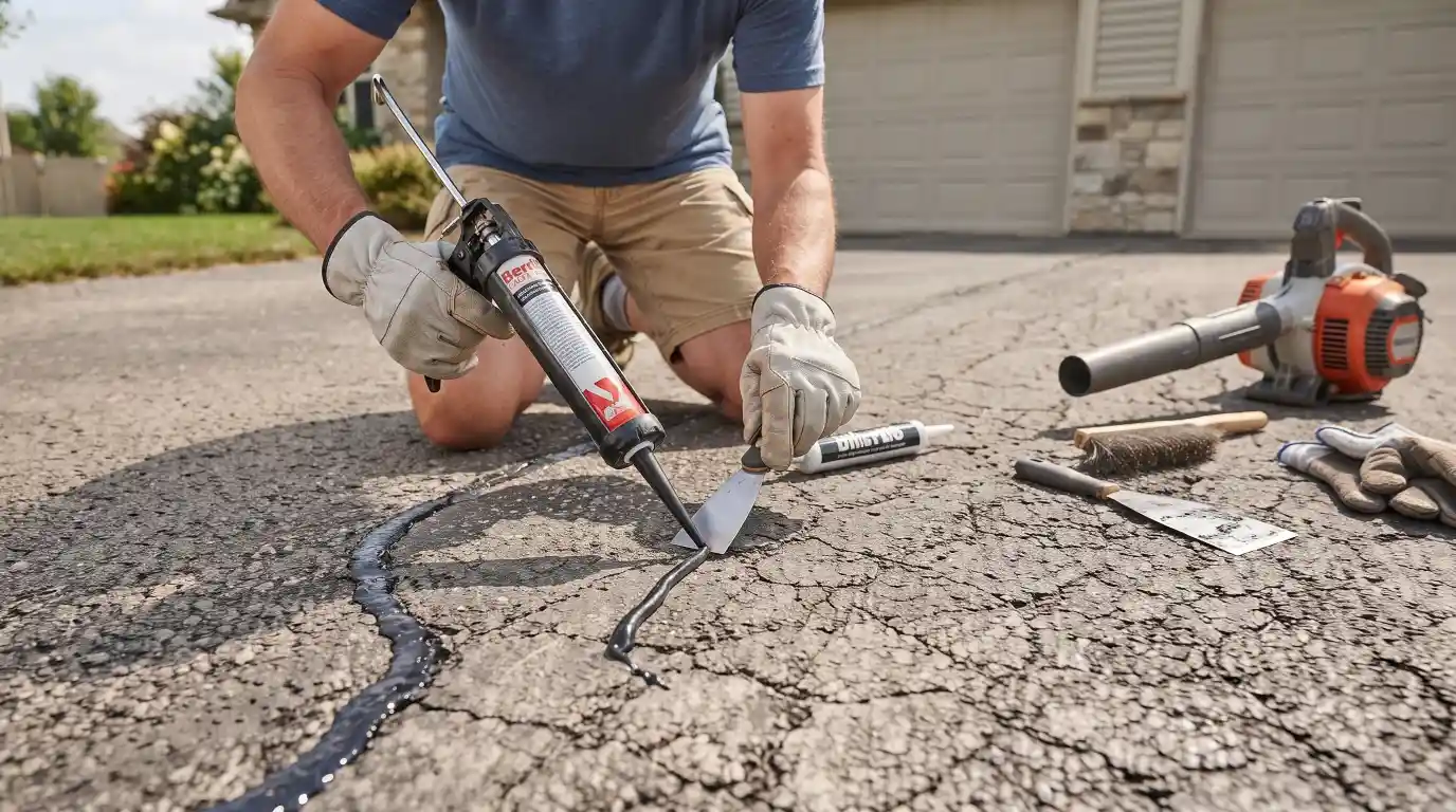 Sealing an asphalt driveway crack step by step