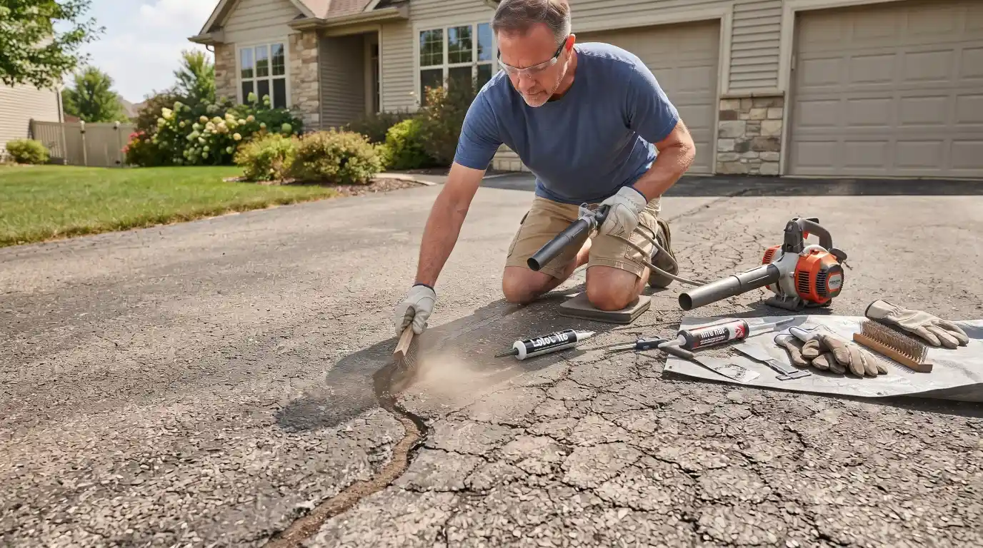 Preparing an asphalt driveway before sealing cracks