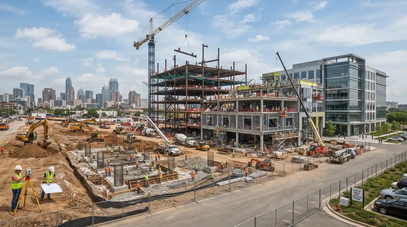 Different stages of a commercial construction project from planning to completion.