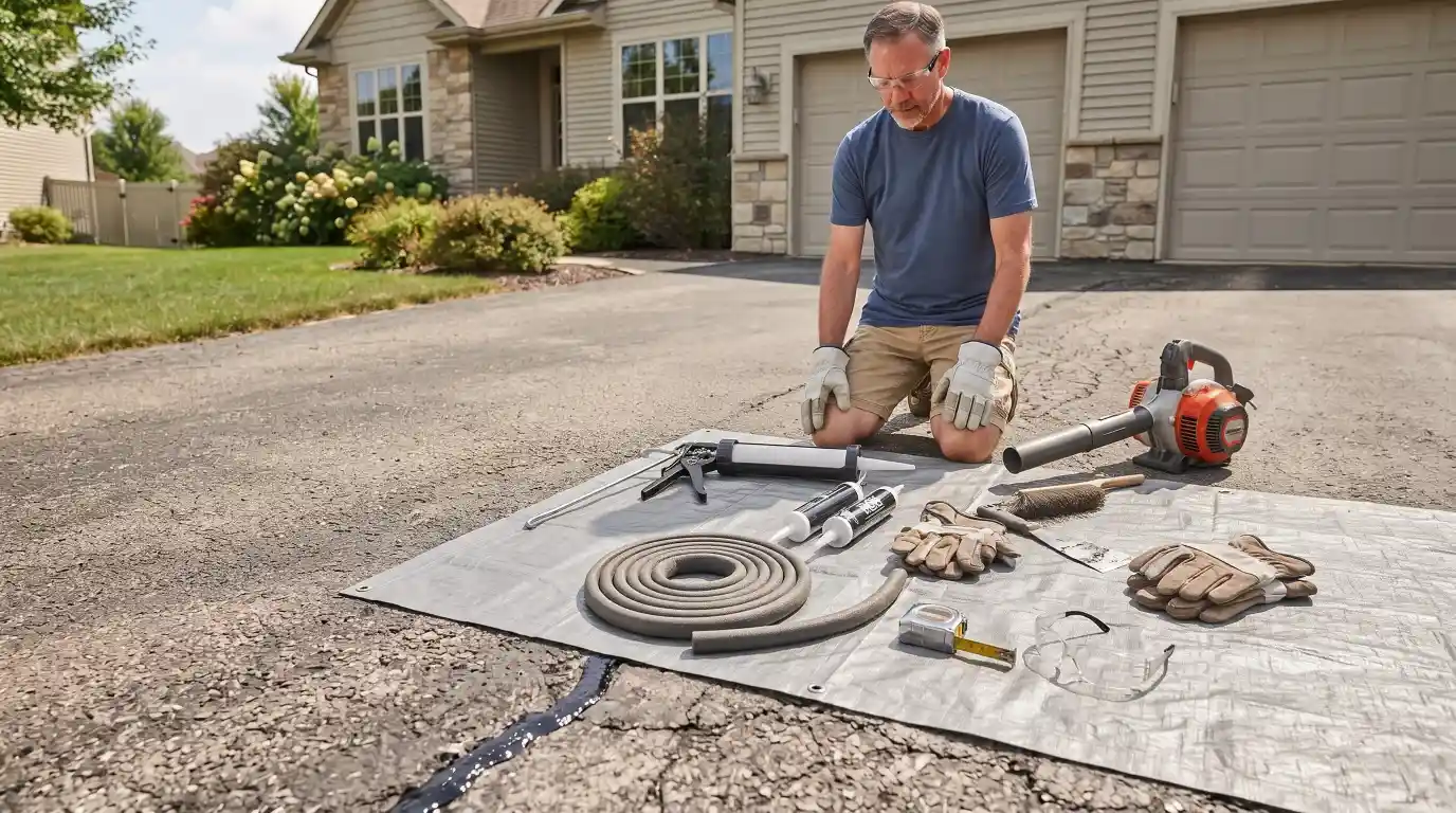 Asphalt driveway crack sealing tools and materials