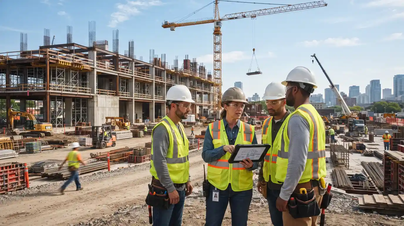 Construction manager coordinating contractors and reviewing project plans.
