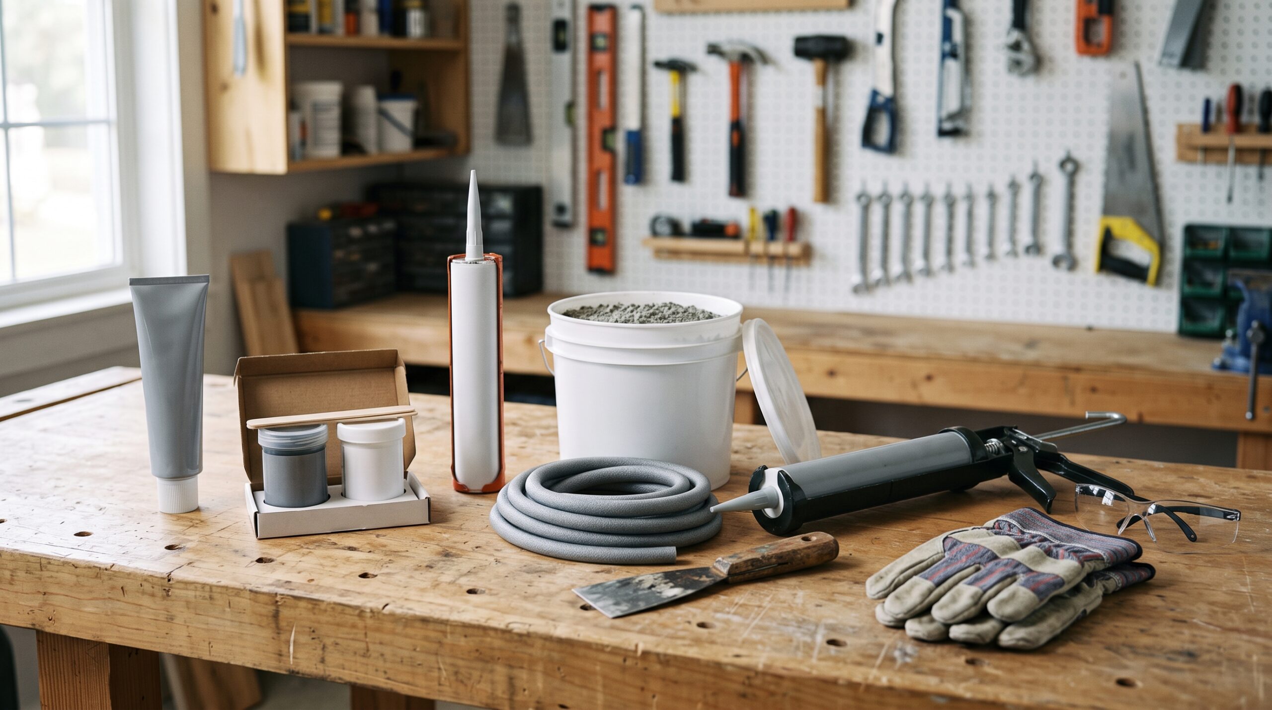 Essential tools and materials for repairing concrete cracks.