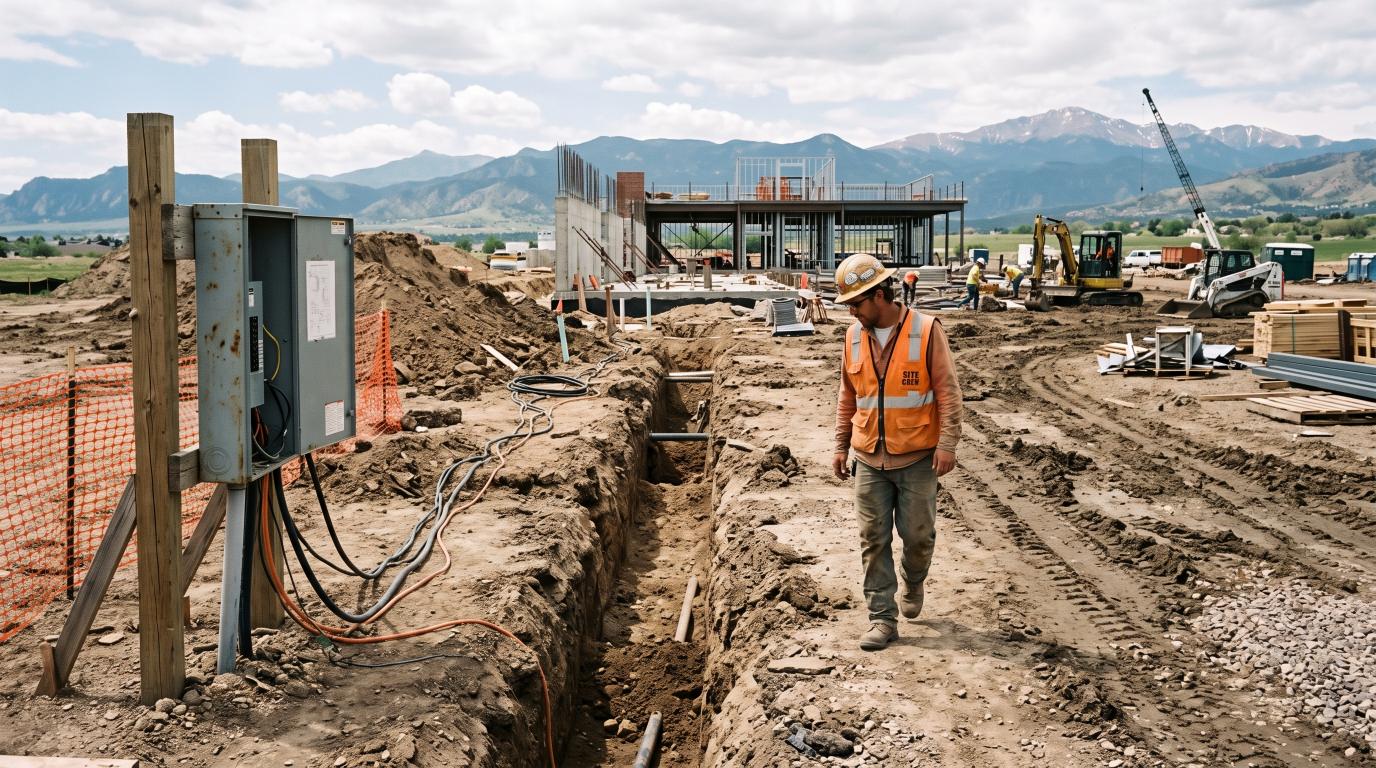 Construction site with temporary power, water, drainage, and underground utility infrastructure