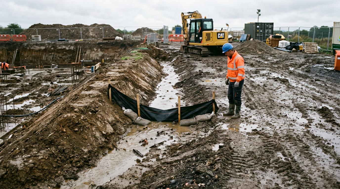 Temporary drainage swale and sediment controls at a construction site