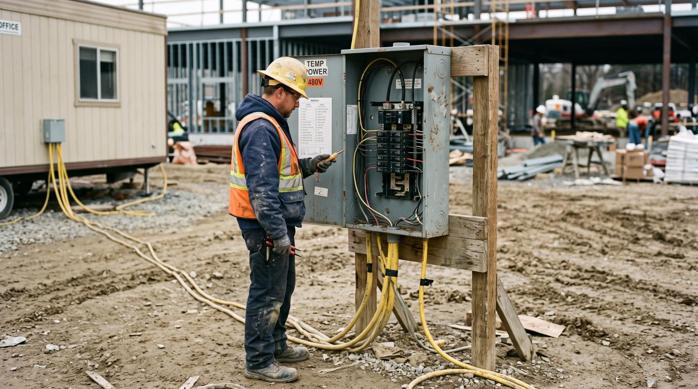 Temporary electrical panel and protected power cables at a construction site
