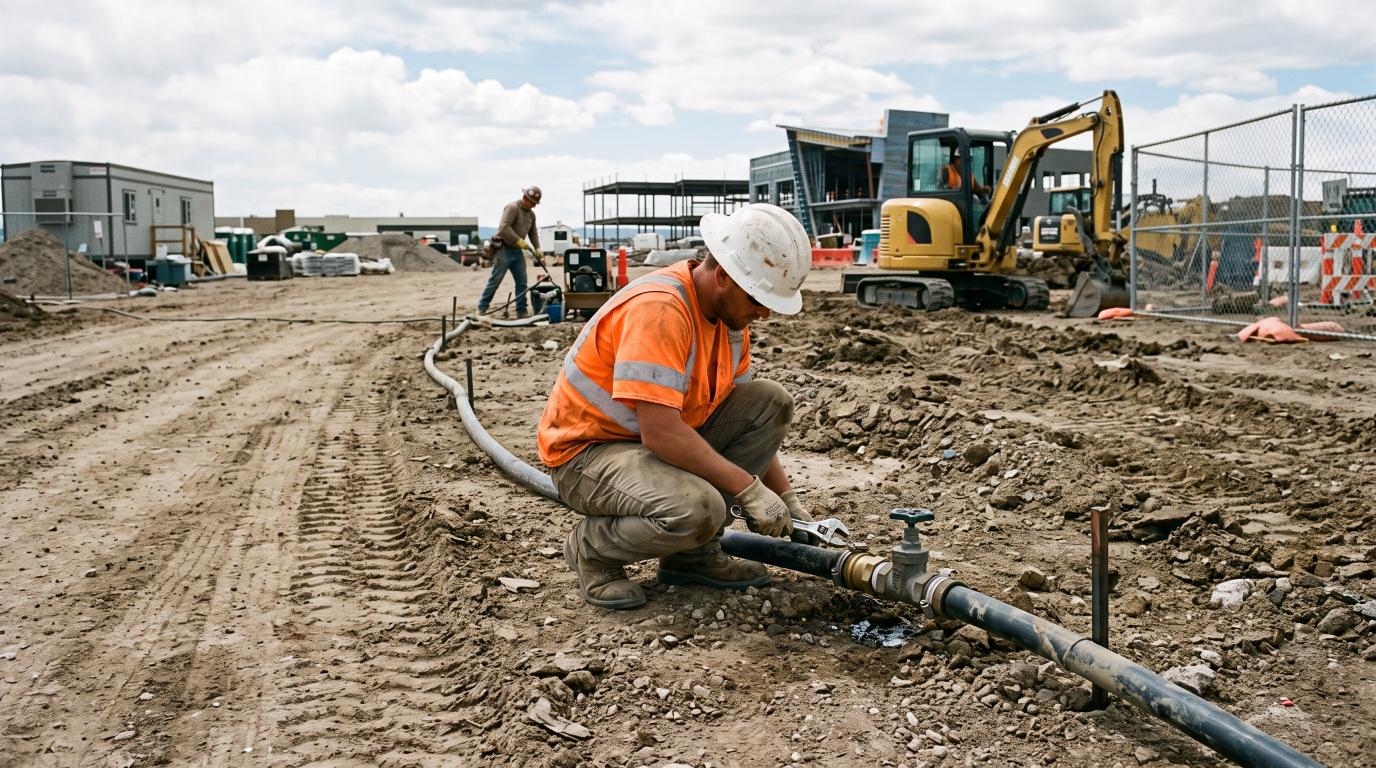 Temporary water lines and storage tank serving an active construction site