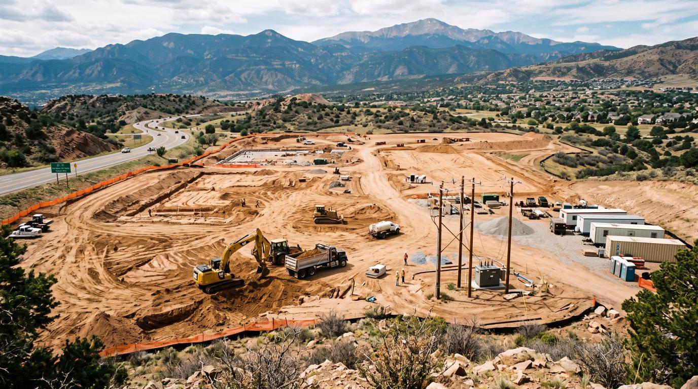 Aerial view of a Colorado construction site with utility infrastructure and earthwork