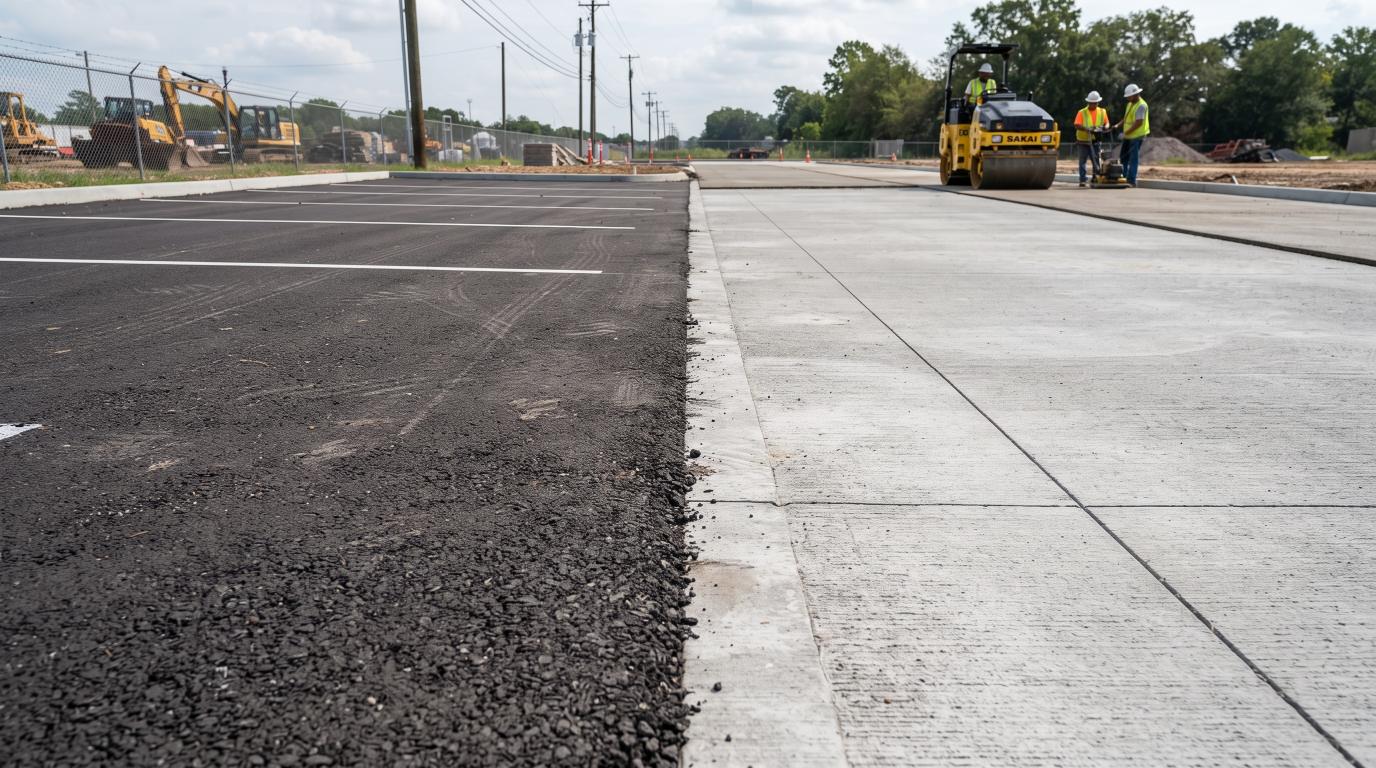 Asphalt and concrete pavement surfaces shown at a construction site