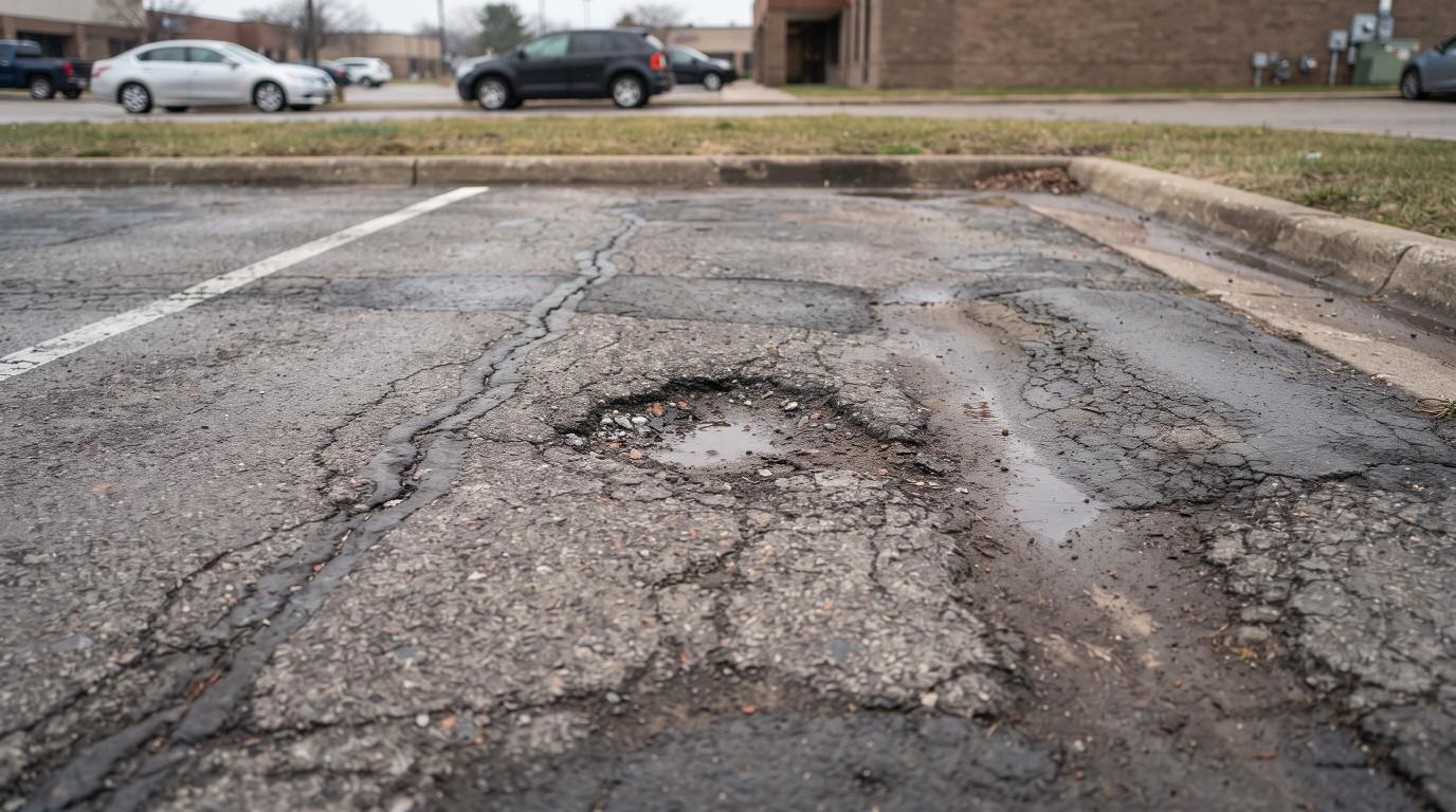 Cracks, rutting, pothole, and uneven areas on aging asphalt pavement