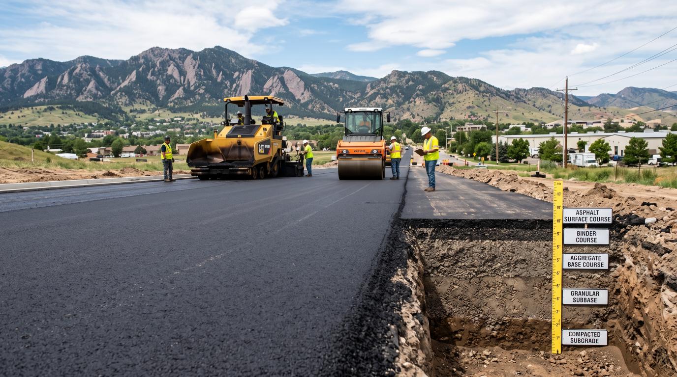 Layered asphalt pavement system under construction in Colorado
