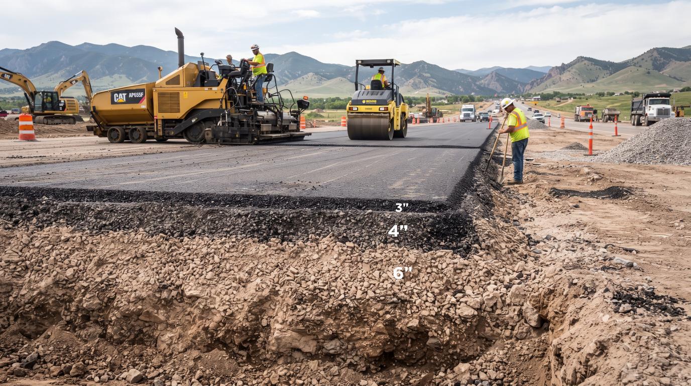 Pavement construction showing layered soil, aggregate base, and asphalt surface