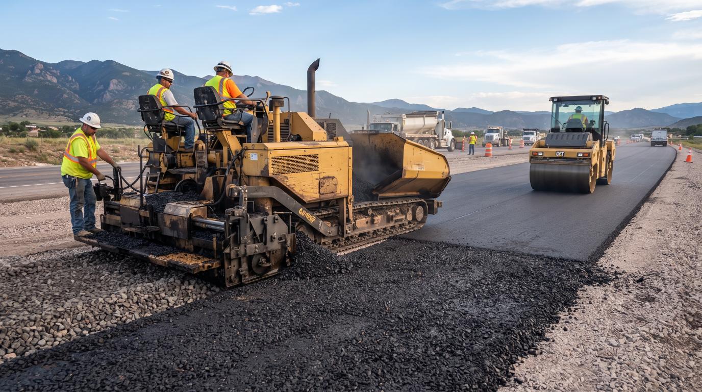 Asphalt paving equipment placing and compacting fresh asphalt
