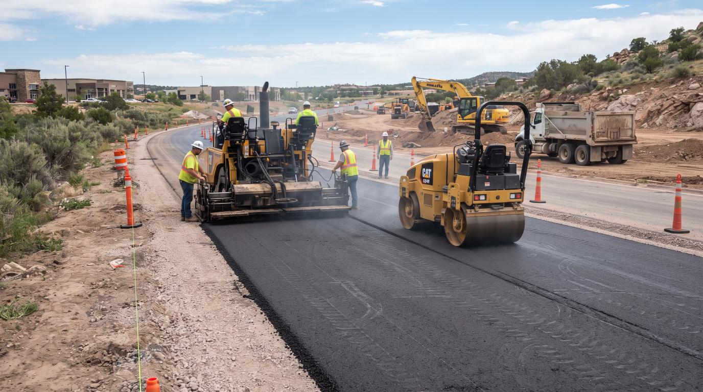 Asphalt paver and roller constructing flexible asphalt pavement