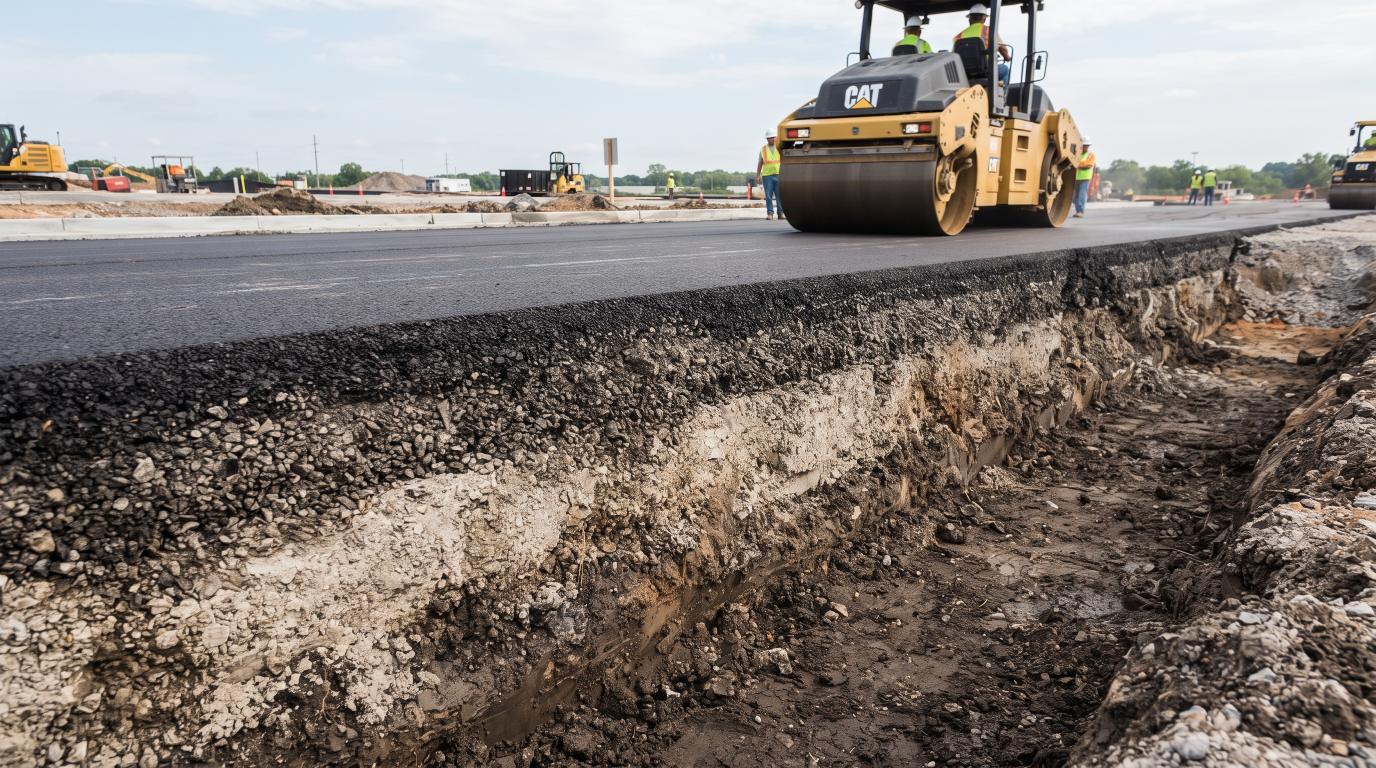Asphalt pavement surface over compacted base and subbase